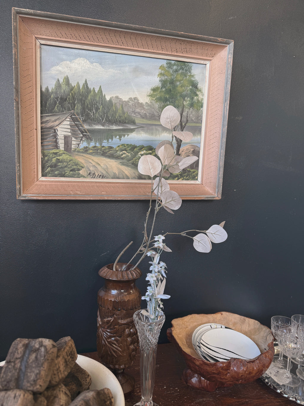Järvimaisema – öljymaalaus vintage-kehyksissä